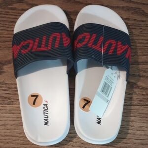 Nautica Black and White Slides with Red Accents